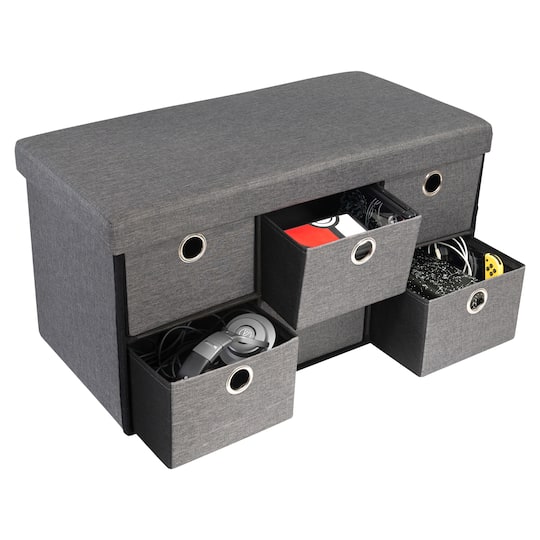 Simplify Gray 6 Drawer Collapsible Double Storage Ottoman